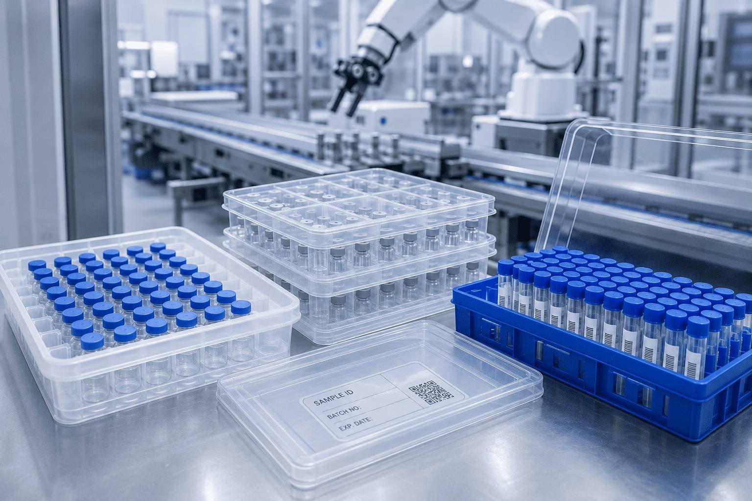 Medical diagnostic trays and specimen packaging in a laboratory cleanroom environment