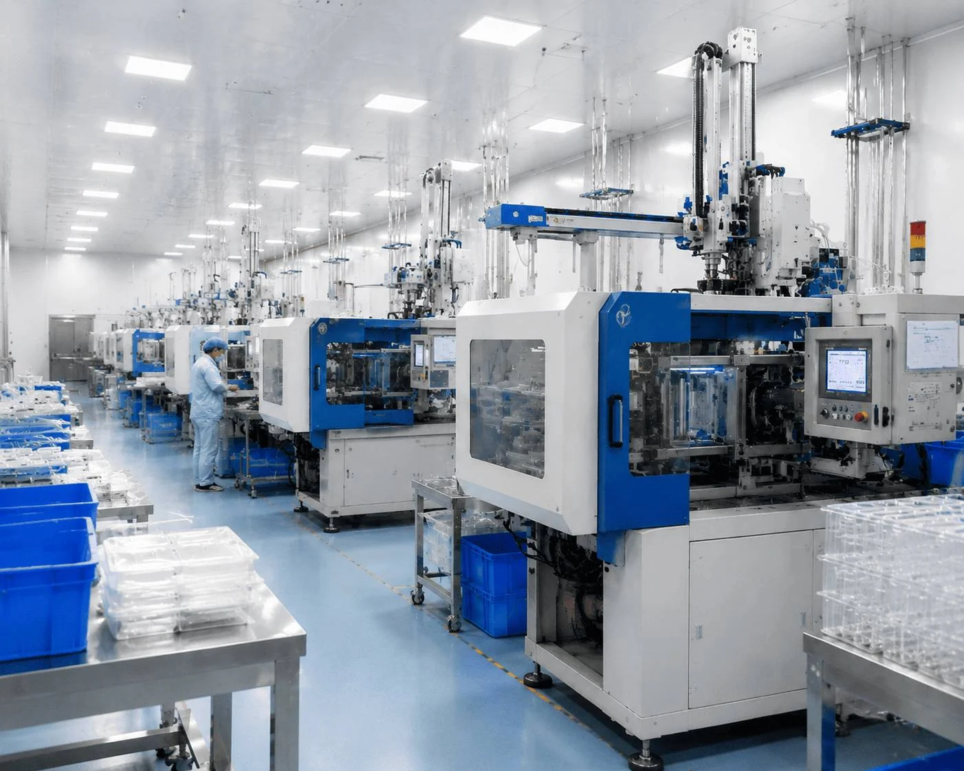 Advanced cleanroom manufacturing facility featuring automated injection molding systems for pharmaceutical plastic packaging