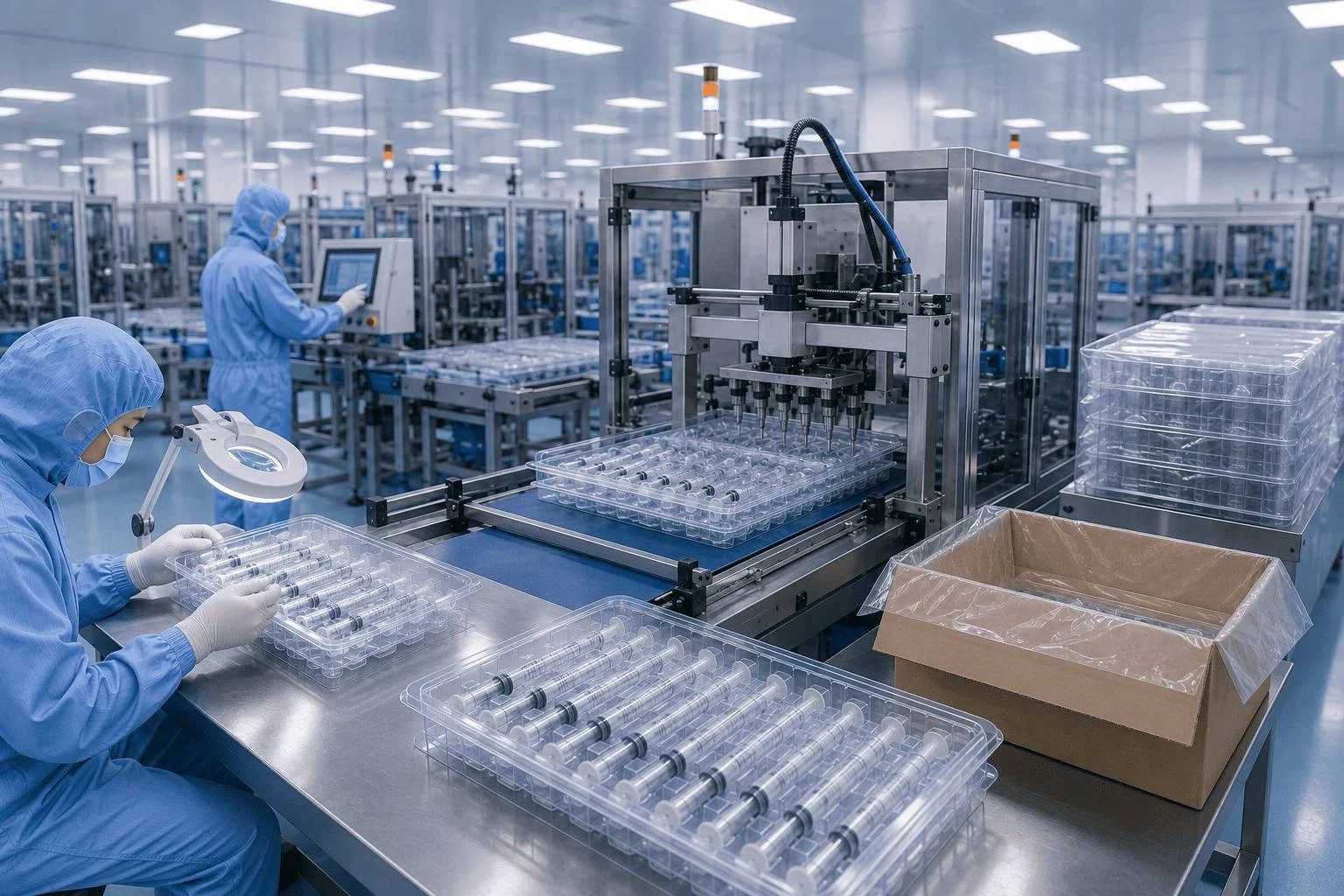 Automated cleanroom manufacturing of sterile prefilled syringe trays