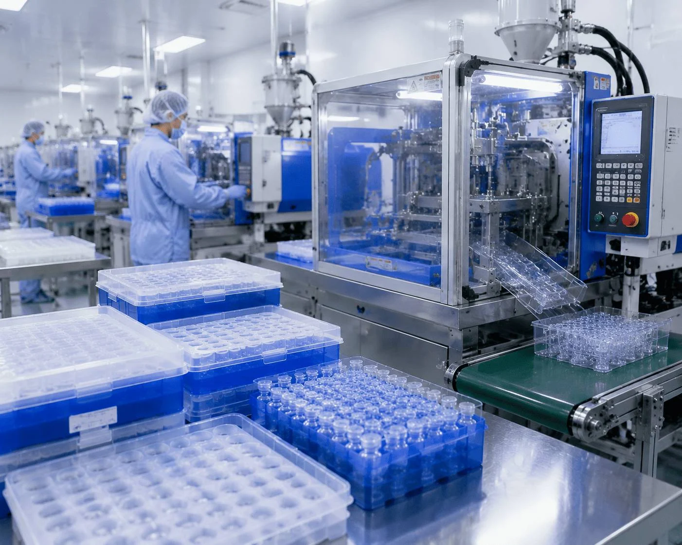 Cleanroom injection molding facility for pharmaceutical vial packaging boxes