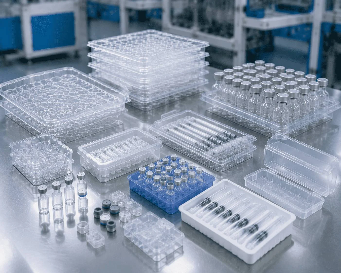 Comprehensive fast sampling options for medical plastic trays and vial packaging systems