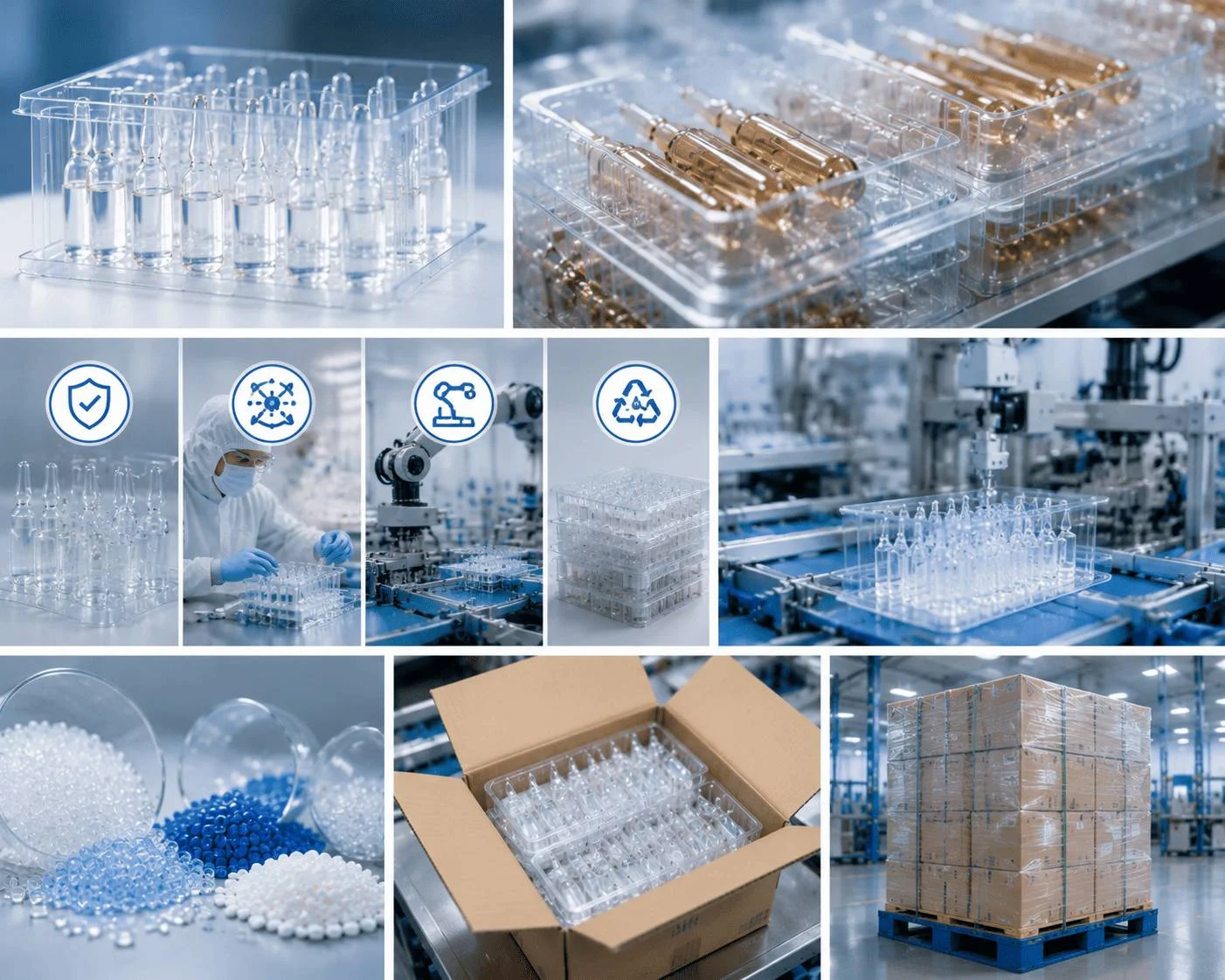 Custom thermoformed plastic ampoule packaging tray designed for secure glass ampoule containment