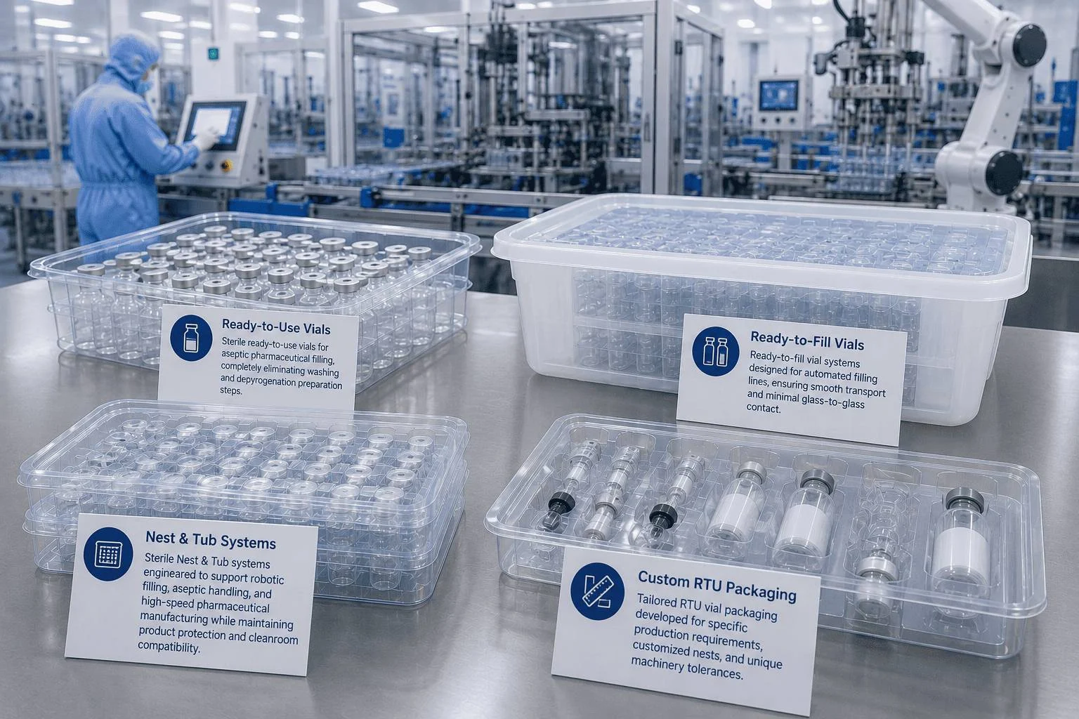 Jiahua RTU packaging formats including nest and tub systems and sterile vials