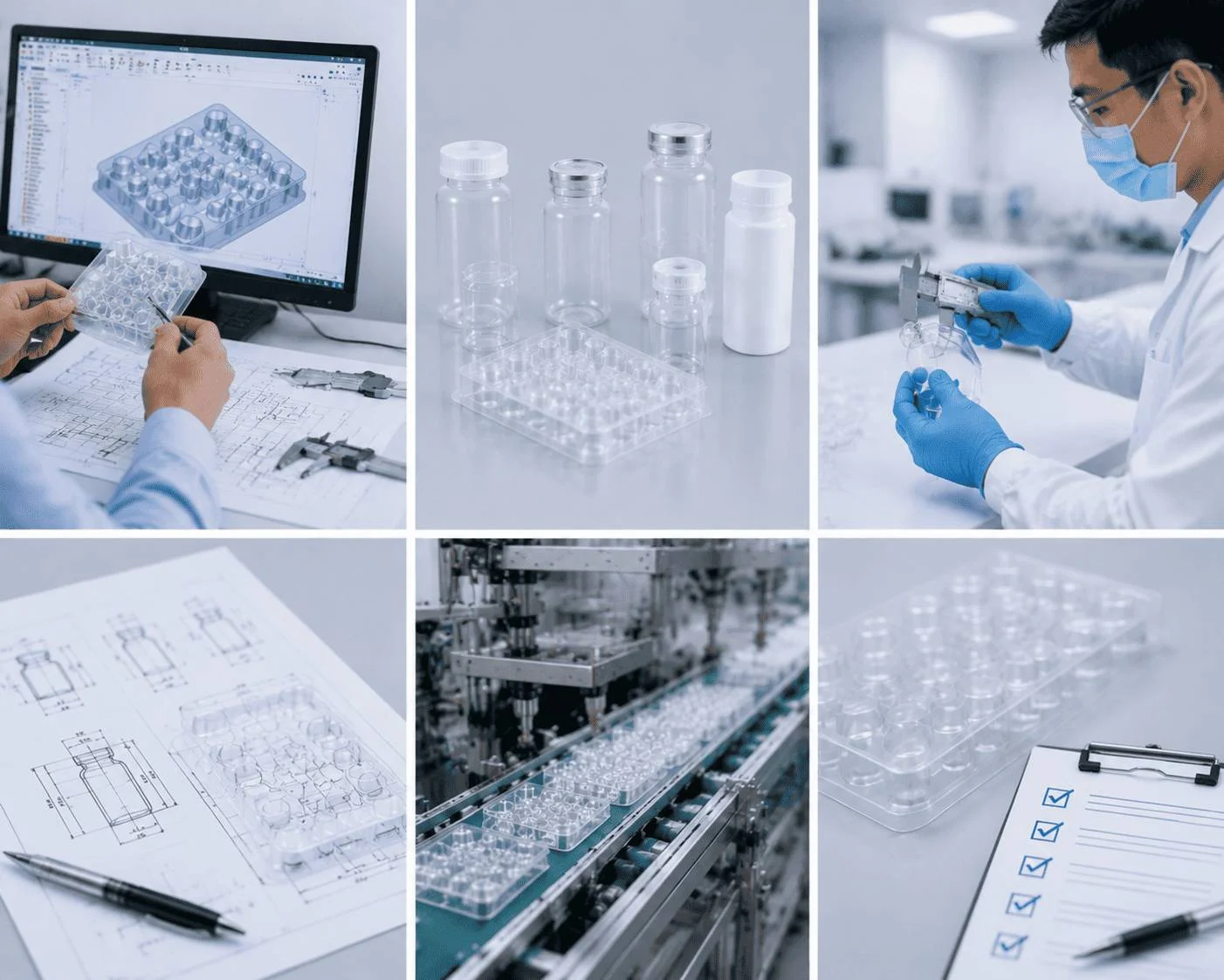 Jiahua technical support team reviewing pharmaceutical packaging documentation and engineering drawings