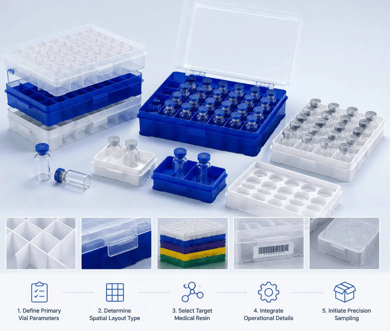 Precision-engineered vial holder tray showing multiple cavity configurations for 1ml to 10ml pharmaceutical vials