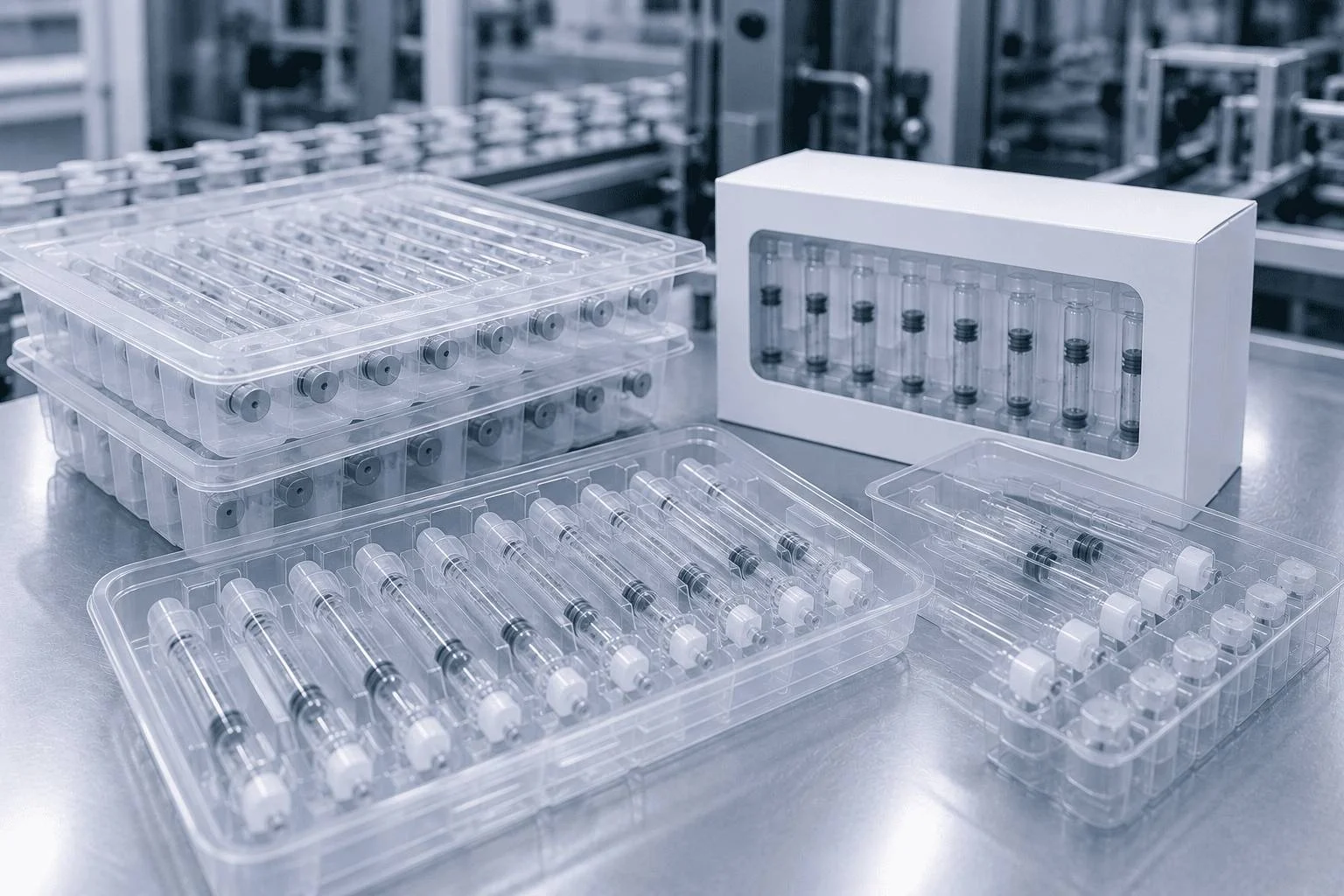 Precision-formed cartridge packaging and medical plastic trays