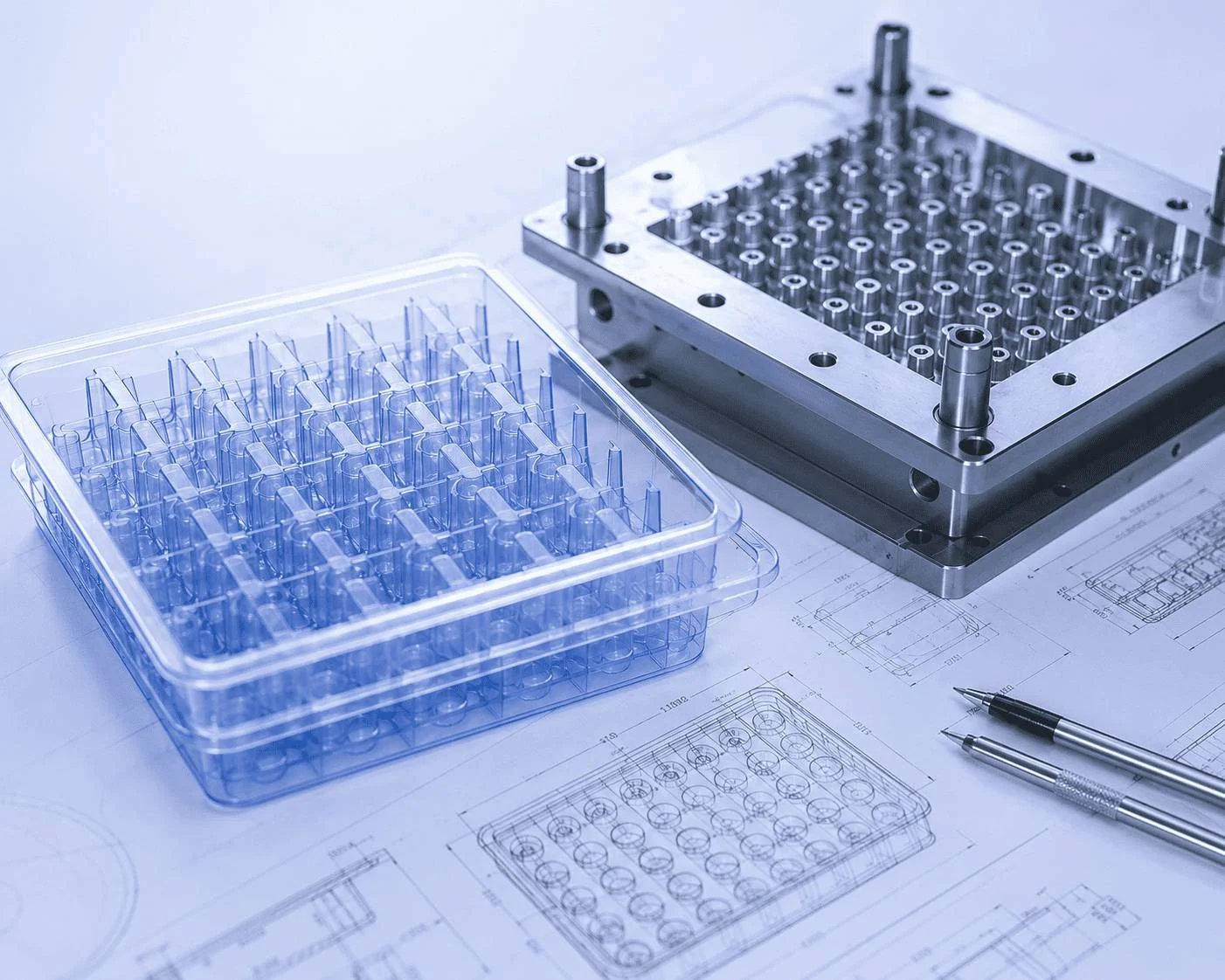 Precision mold development and structural custom biotech tray design blueprint representation