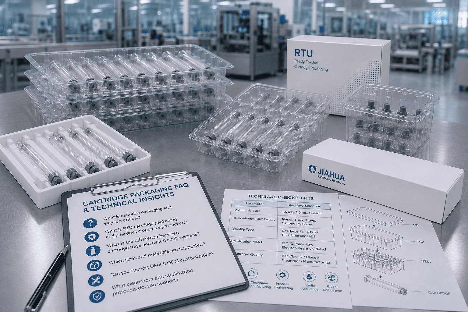 Ready-to-fill medical cartridge packaging system showing nest and tub layout