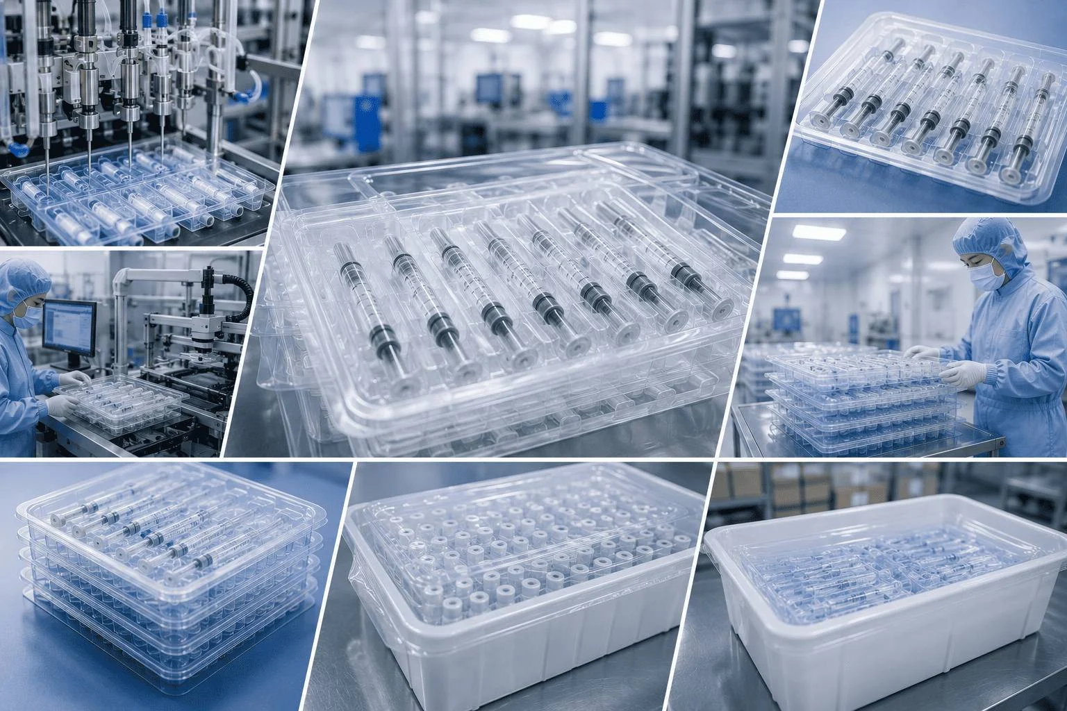 Ready-to-use prefilled syringe packaging system showing aseptic nested design
