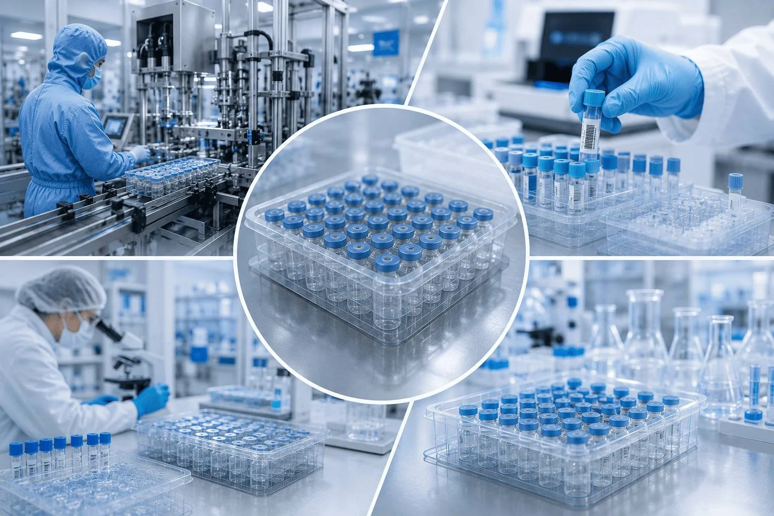 Sterile pharmaceutical vial packaging container for laboratory and clinical use