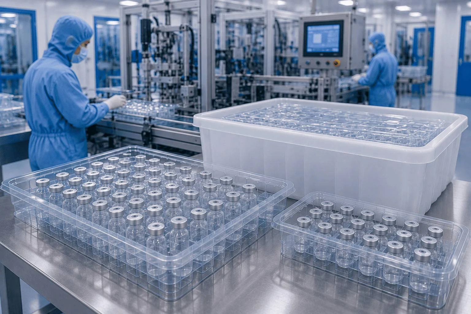 Sterile ready-to-use RTU vial packaging line in an aseptic pharmaceutical manufacturing facility