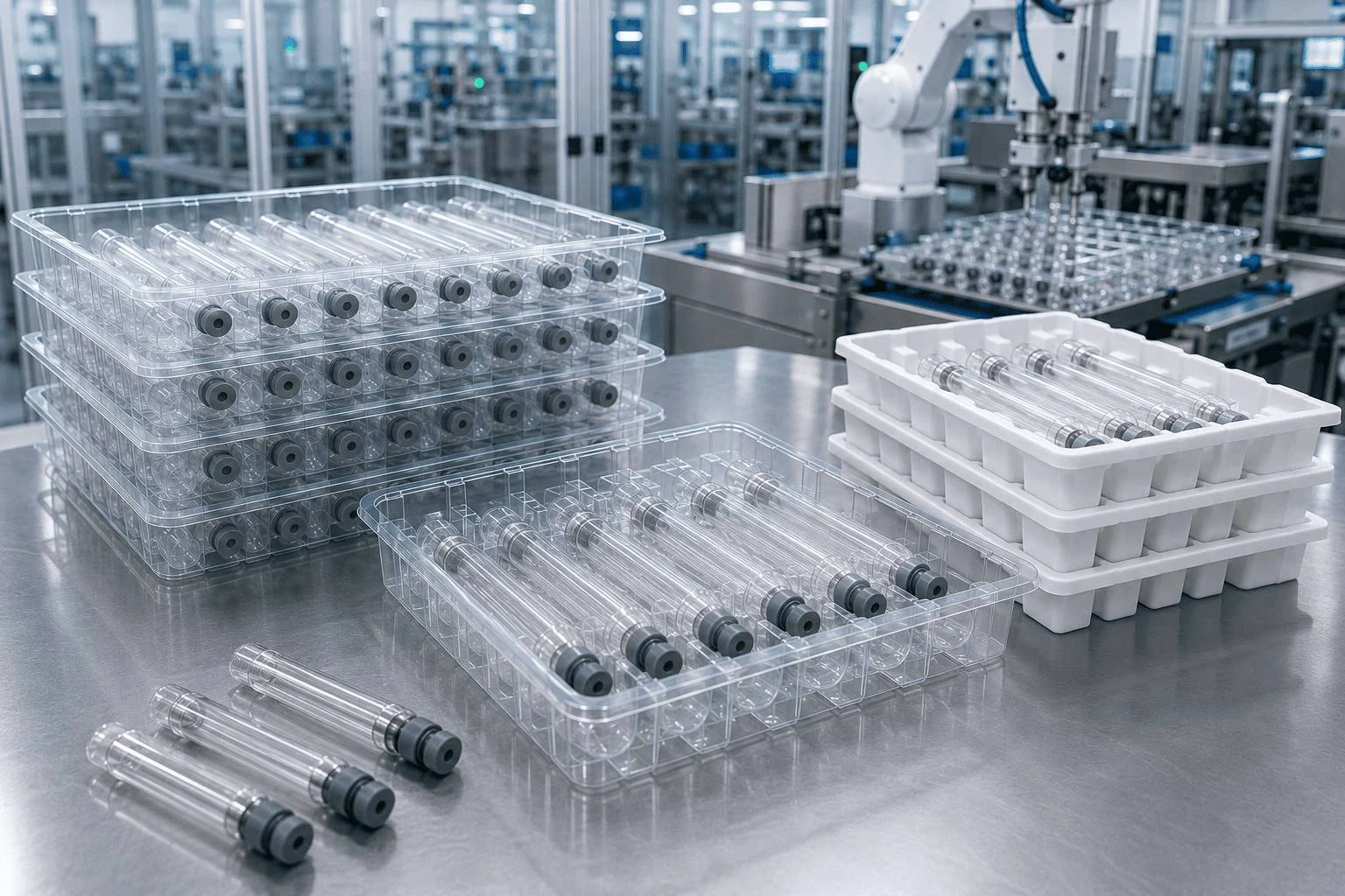 Technical design schema illustrating custom cartridge tray dimensions and high-density nest alignment for filling lines