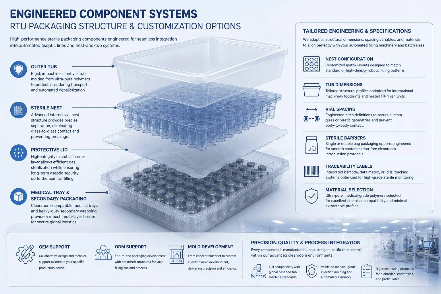Technical diagram layout of sterile ready to use vial nest and tub configuration