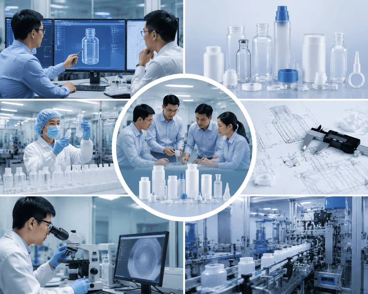 Technical engineers evaluating pharmaceutical packaging designs