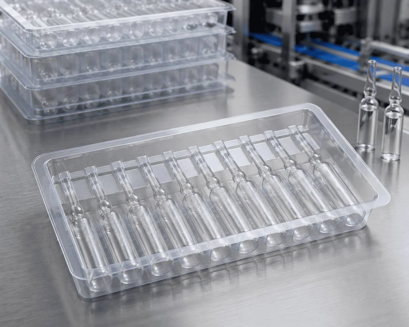 Technical schematic blueprint for plastic ampoule tray and custom glass ampoule packaging engineering