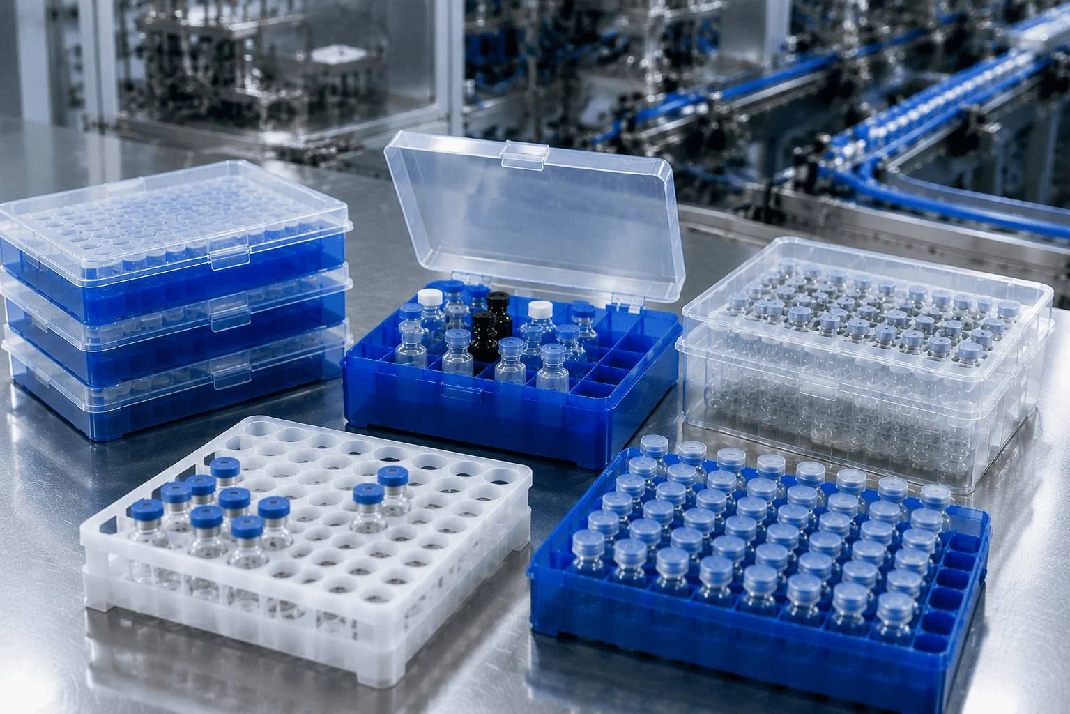 Technical schematic blueprint highlighting the cellular grid layout of custom plastic vial boxes