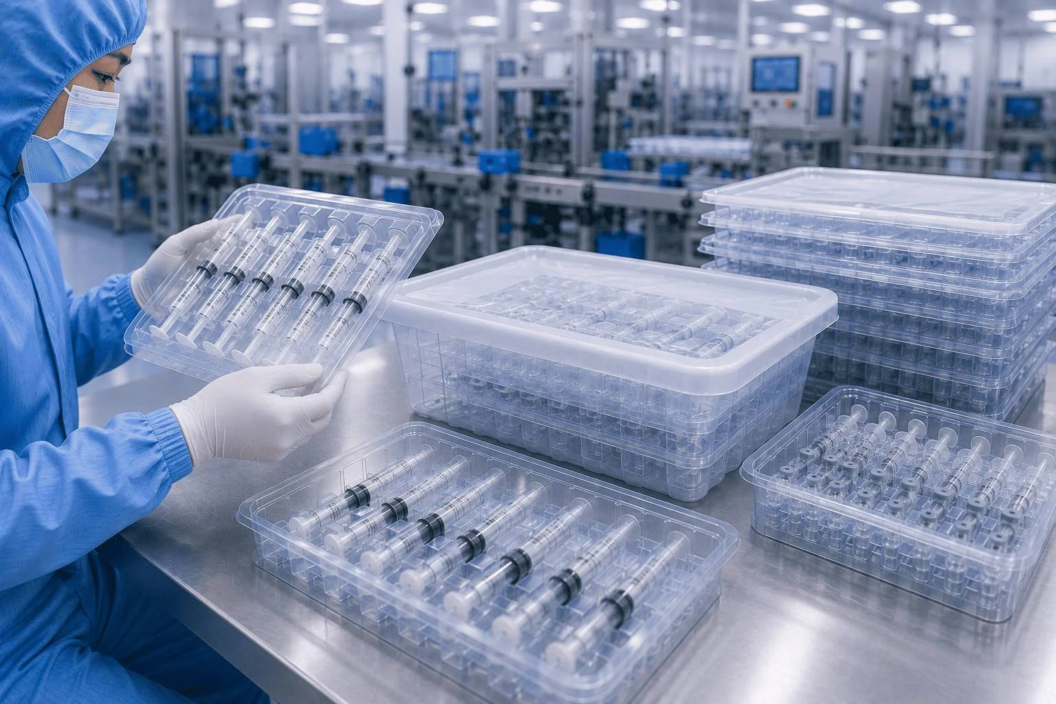 Technical schematic of prefilled syringe packaging nest and tub system