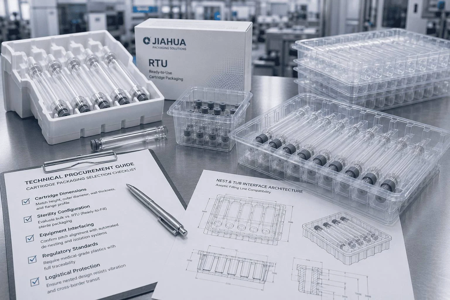 Technical schematic showing custom cartridge packaging alignment and nest configurations for pharmaceutical filling lines