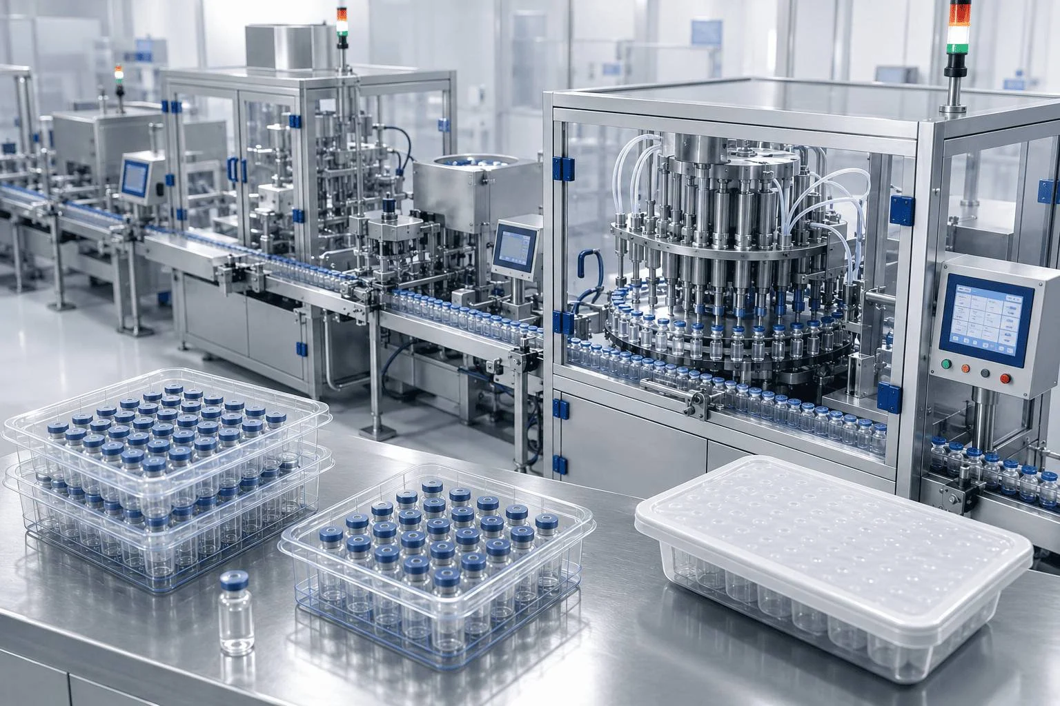 Technical specifications diagram for ready-to-use vial packaging and sterile nest configurations