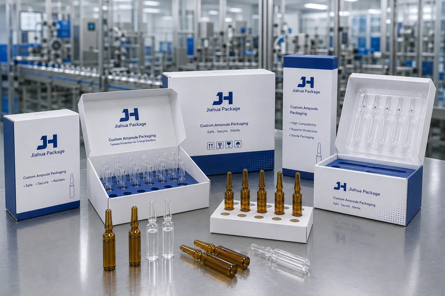 High-precision custom ampoule packaging box with protective insert 3D rendering
