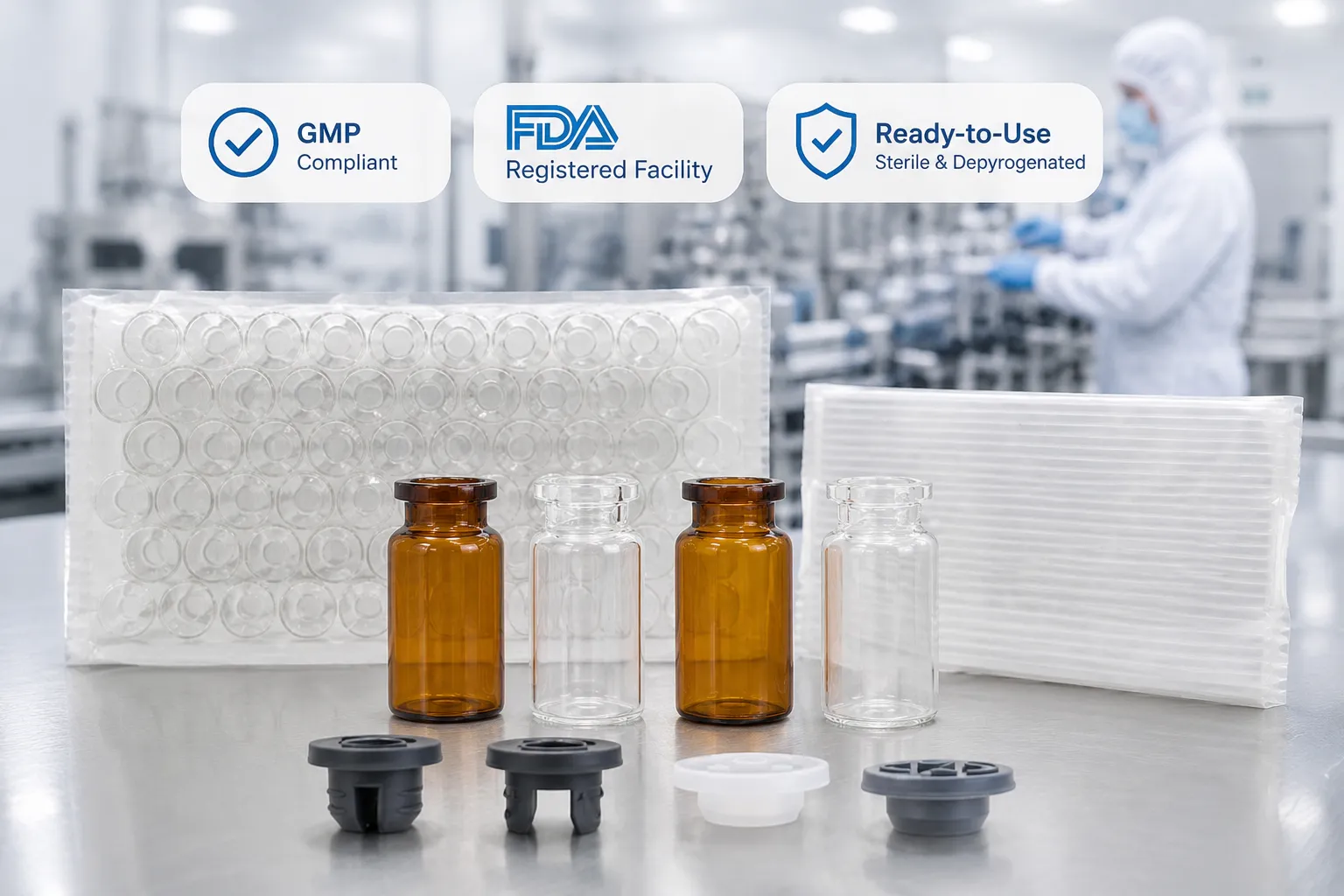 Jiahua ready-to-use RTU vials pre-sterilized in nest and tub packaging for pharmaceutical aseptic fill-finish