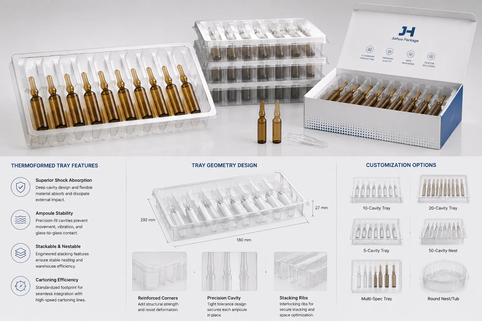 Technical specifications diagram of custom thermoformed ampoule trays