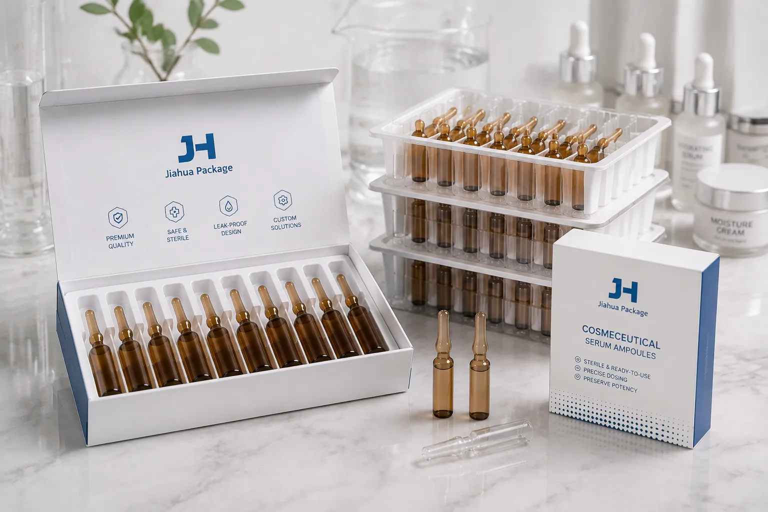 Cosmeceutical serum ampoule packaging with custom velvet flocked finish