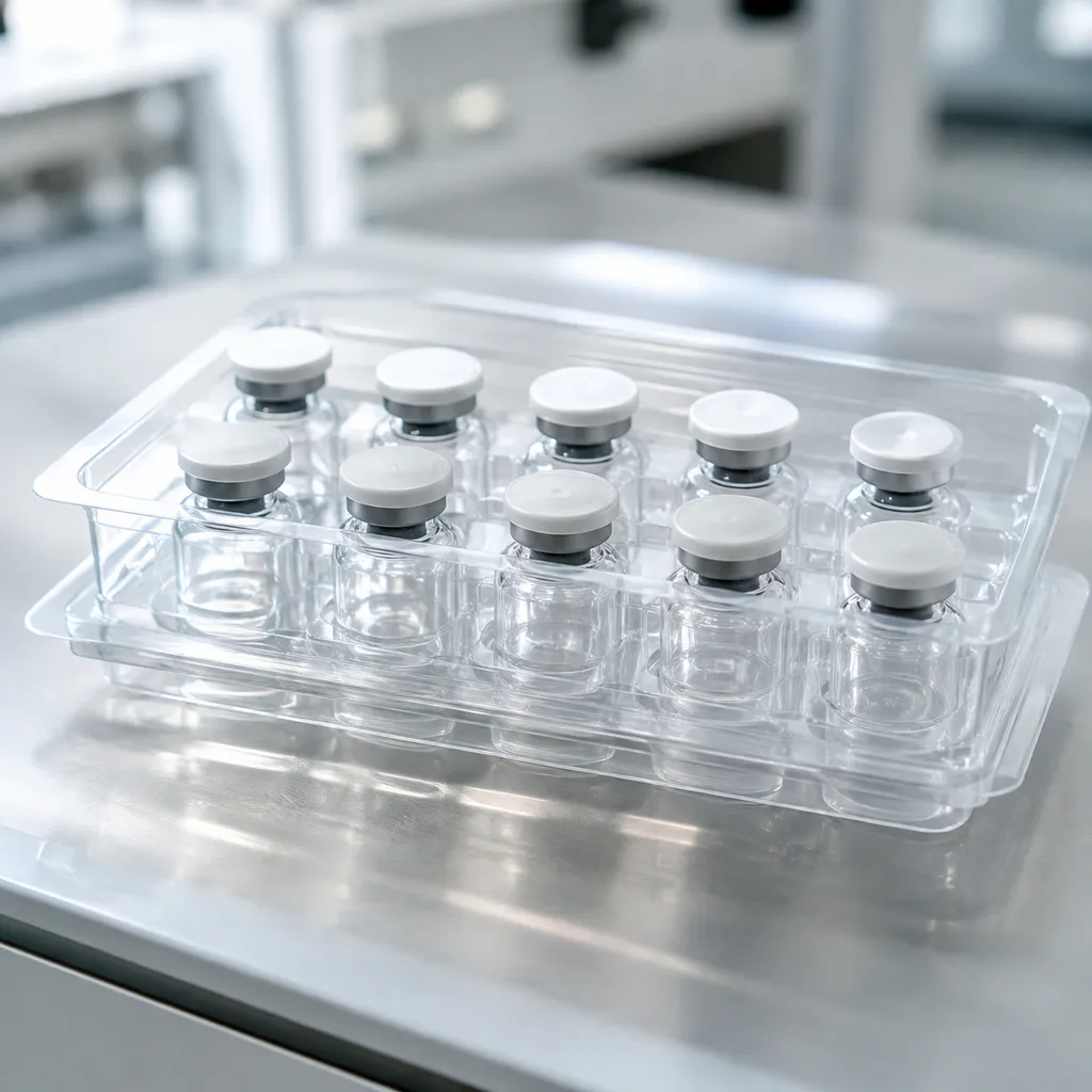Polymer vial packaging tray for biologics