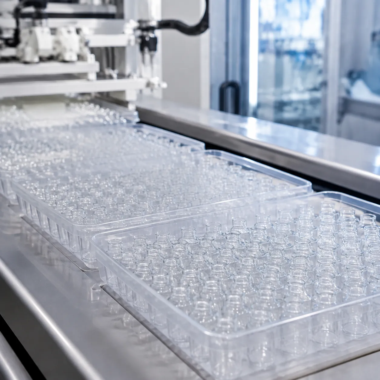 Automated high-speed line plastic vial trays