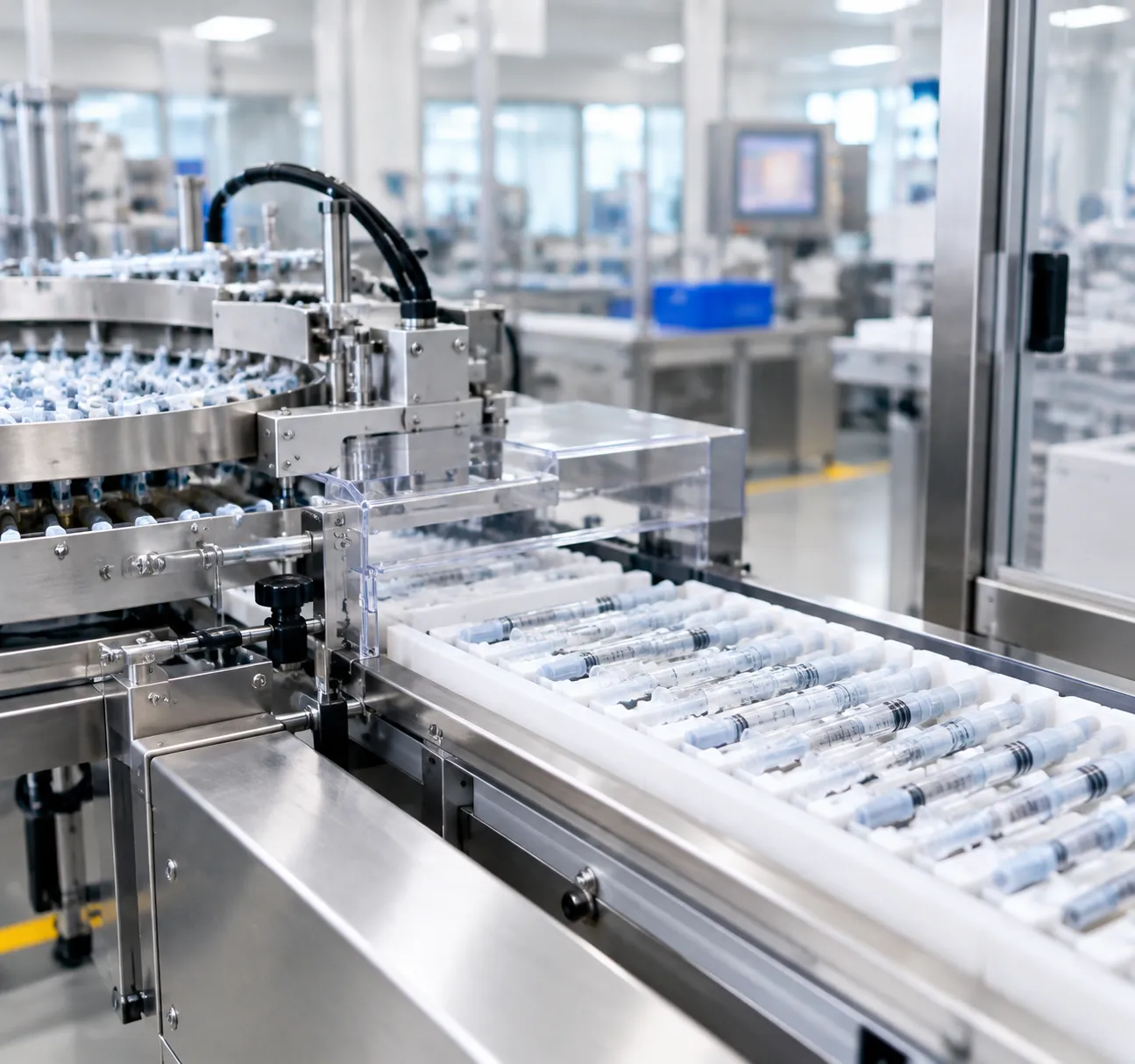 Automated prefilled syringe nest and tub line
